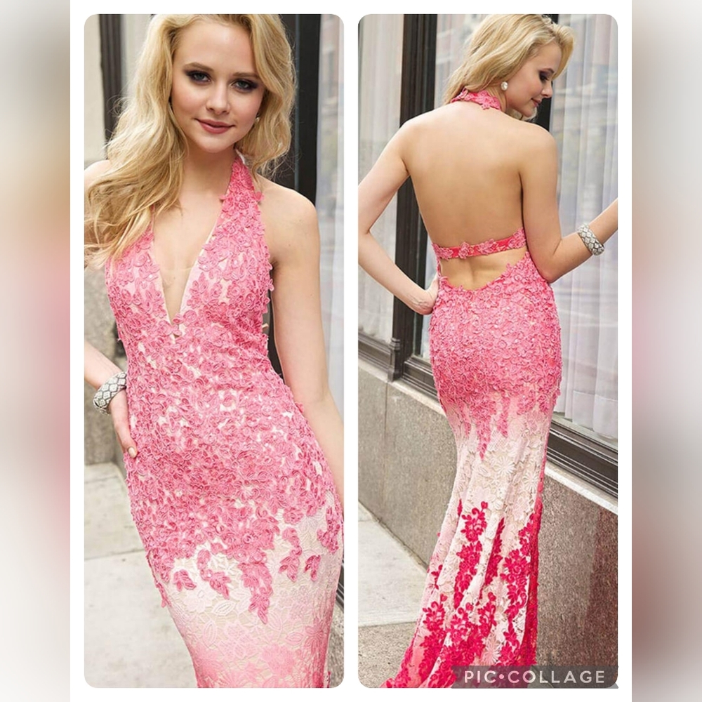 JOVANI Pink Ombré Lace Sequins Mermaid Formal Halter Gown Size 4